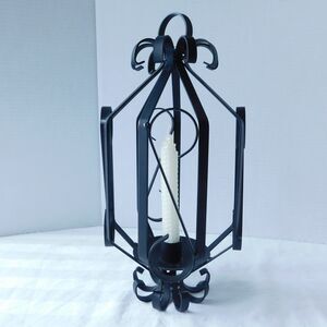 Gothic Black Wrought Iron Hanging Candle Holder Vintage MCM, Stand Scrolled EUC